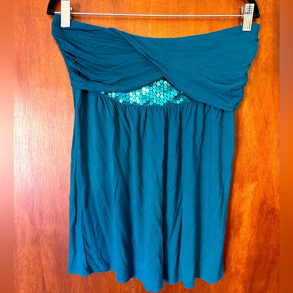 Express strapless teal babydoll sequin tank top